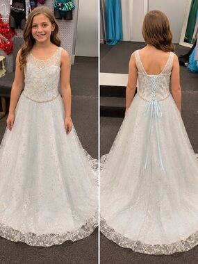 Girls Lace-Up Sparkle Tulle Formal Dress - Light Blue